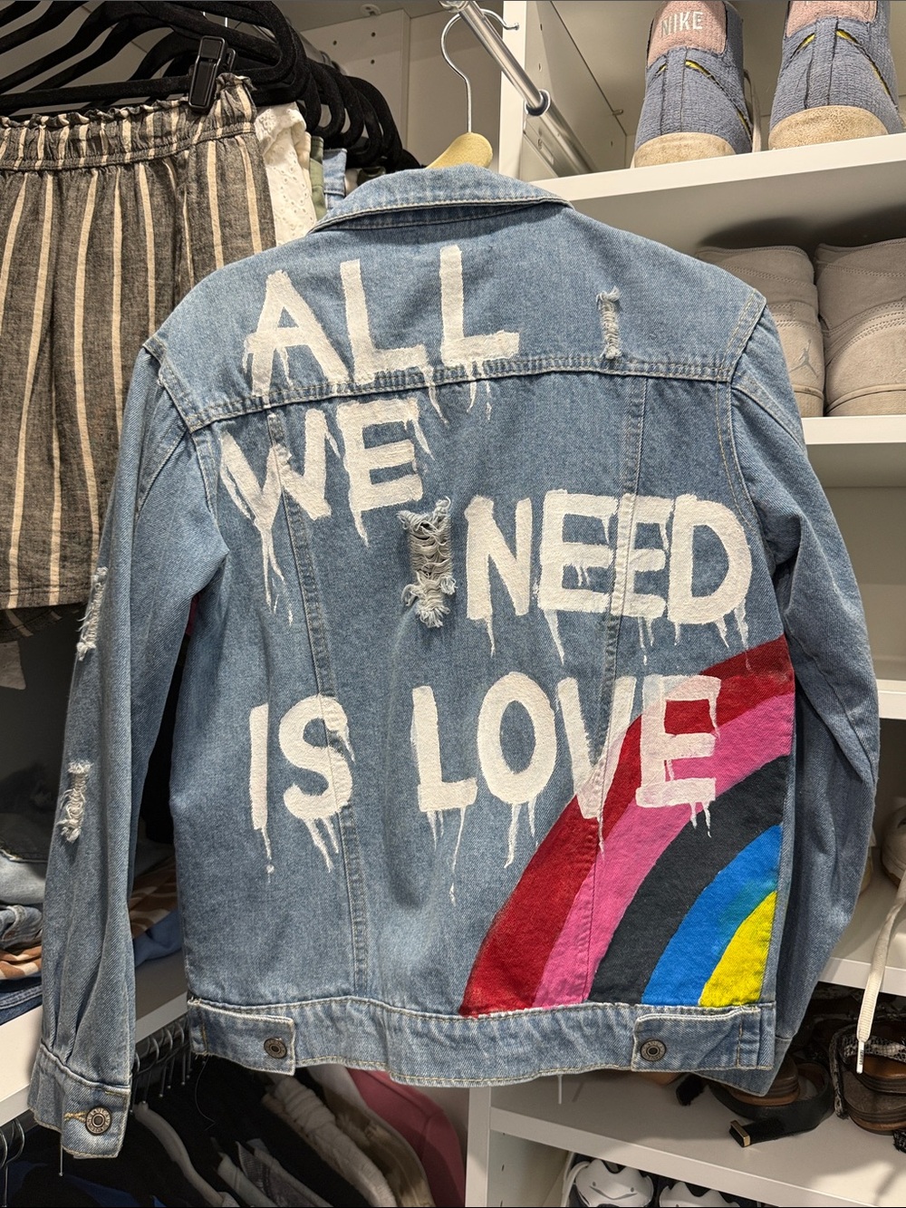 Hand Painted Jean Jacket with 'All We Need Is Love' Rainbow Design
